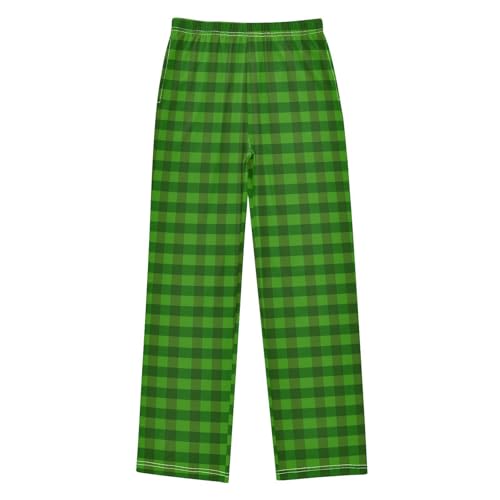 Green Plaid Boys Long Pants Soft Trousers Elastic Waist Kids Lounge Bottoms with Pockets S-XL