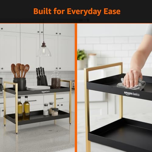Image of Amazon Basics Modern 2-Tier Metal Organizer Rack for Kitchen, Bathroom, Living Room & Vanity | Black & Gold | Space-Saving Countertop Storage Shelf (20D x 40W x 30H cm)