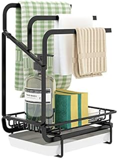 ICEETING Sponge Holder with Drain Pan for Kitchen,Kitchen Sink Caddy Organizer for Sponge Brush Soap Dish,Dishcloth Rack,Black