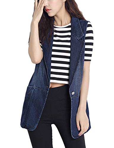 Lentta Women's Lapel Button Up Sleeveless Denim Jean Mid Long Vest Gilet Jacket (Small, Style13Blue)