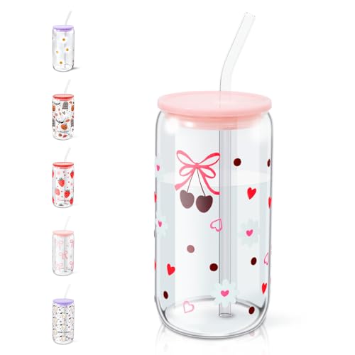 DLOCCOLD Glass Tumbler with Straw and Lid, 20oz Ice Coffee Glass Cup，Drinking Glasses for Water, Coffee, Smoothie with 1 Cleaning Brushes