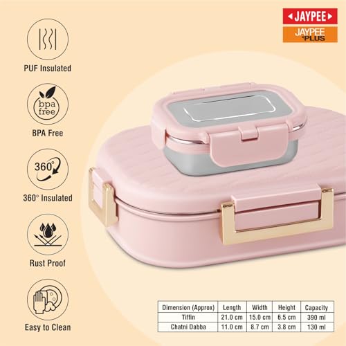 Image of JAYPEE Lux PU Insulated Stainless Steel Lunch Box for School Kids|Airtight Leakproof Lunch Box for Kids Boys & Girls |Unique Design 100% Food Grade |Lunch Box for Office use,580 ml, Pink