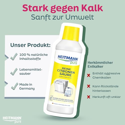 HEITMANN pure Reine Citronensäure 500 ml | Effektiver Kalkentferner in Küche & Bad | 100% natürliche Zitronensäure | Entkalker für Kaffeevollautomat, Wasserkocher & Waschmaschine | Lebensmittelsauber 6