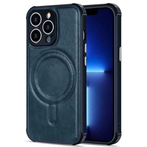 Étui de chargement sans fil iPhone 13 Mini 14 Pro Max cuir bleu