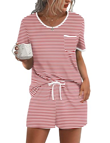 Image of Ekouaer Pajama Set for Women 2 Piece Lounge Set Short Sleeve Tops and Shorts Soft Sleepwear, Chest Pocket