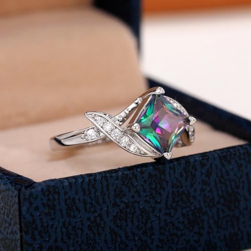 White Gold Plated Multicolor Square Cubic Zirconia Inlaid Creative Stylish Engagement Rings Wedding Bridal Band Promise Rings Evening Parties Anniversary Valentine's Day Gifts Eternity Bands for Women3
