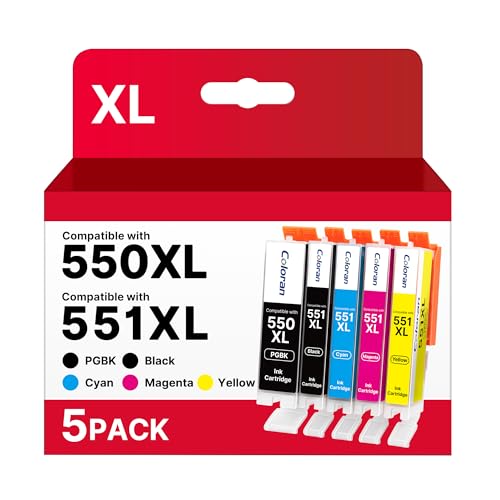 Coloran 550 551XL Ink Cartridges Replacement for Canon PGI-550 CLI-551 Compatible with Canon Pixma ix6850 IP8750 MX925 MG5550 MG5650 MG6450 MG6650 MG7150 MG7500 MG7550 (PGBK/B/C/M/Y 5-Pack)