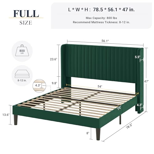 Allewie Full Size Bed Frame/Velvet Upholstered Platform Bed/Vertical Channel Tufted Wingback Headboard/Strong Wooden Slats/No Box Spring Needed/Easy Assembly/Green
