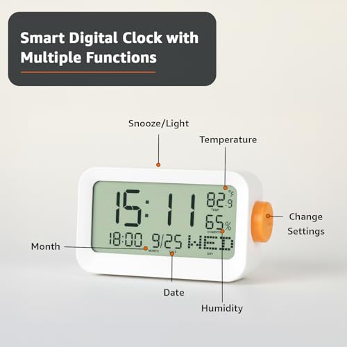 Image of Amazon Basics LCD Digital Table Clock with 3 Alarms, Snooze, Manual Brightness, ABS, White Color, Battery Operated, Compact Design for Desk, Bedside, Study Table (Size: 14 x 6.3 x 7.6 cm)