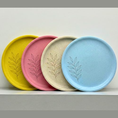 Image of Happy Cove Eco-Friendly Dinner Plate Set of 4, 10 Inch with Engraving Design | Biocomposite Rice Husk & Bamboo Fibre Serving Plates | Unbreakable, Microwave Safe, Oven Plate | Multicolour