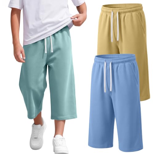 YooAurvox 3 Pack Boys Capri Pants 3/4 Wide Leg Drawstring Lightweight Cropped Sweatpants with Pockets Kids 6-16 Years(Pea Green, Light Blue, Light Yellow,10-11 Years)