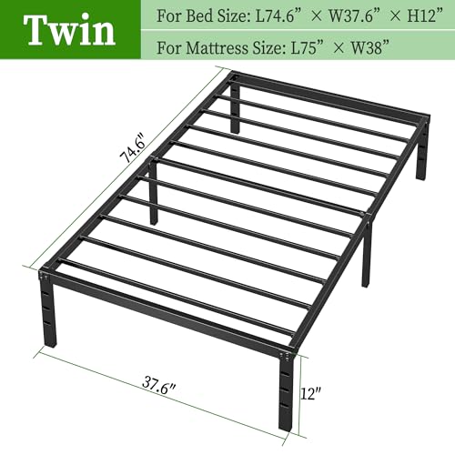 Image of Metal Platform Bed Frame Twin Size, 12 Inch Height with Heavy Duty Steel Support, No Box Spring Needed, Easy Assembly and Underbed Storage,Black