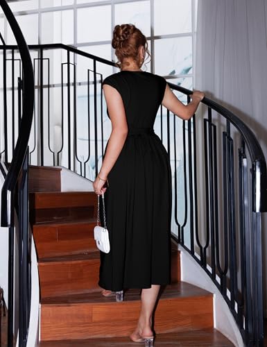 YMDUCH Women's Casual Deep V Neck Cap Sleeve Back Tie A-Line Swing Midi Dress with Pockets3