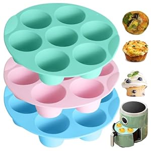Stampi in silicone per mordere le uova, confezione da 3 teglie per muffin in silicone per friggitrice ad aria, antiaderente, 7 tazze, per cuocere morsi d’uovo, cupcake, crostate, pane