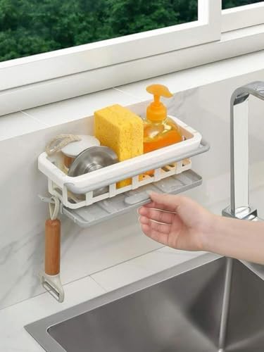 Image of Adjustable Two-Tone Hanging Drain Rack - Retractable Plastic Sink Storage Tray & Drying Basket - Space-Saving Sponge Holder for Kitchen & Bathroom Use - Multicolour (1 Pc)