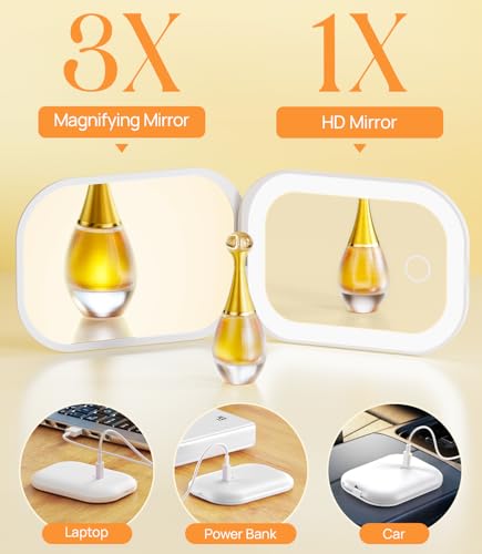 Gospire Led Taschenspiegel mit Vergrößerung, 3 Fach Vergrößerung Wiederaufladbarer Klappbar Reisespiegel mit Licht, 3 Lichtfarben & Einstellbare Helligkeit, Weiß