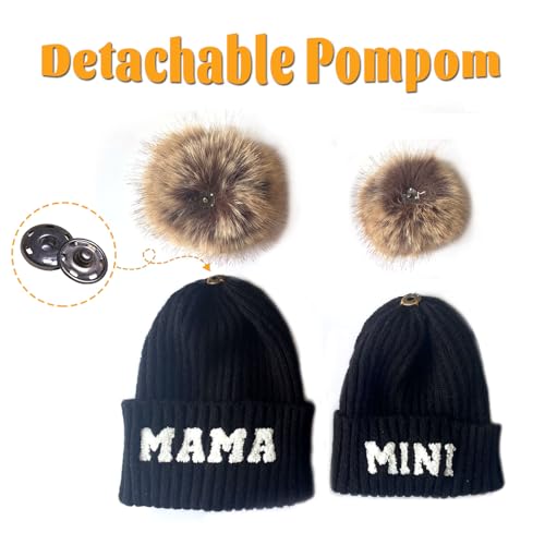 2PCS Parent-Child Beanie Hat Mama and MINI Embroidery Knitted Hat Winter Warm Cuffed Ski Cap with Pom Pom4