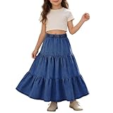 Elegante falda vaquera para niña, cintura elástica, acampanada acampanada, longitud midi, azul oscuro, 11-12 años
