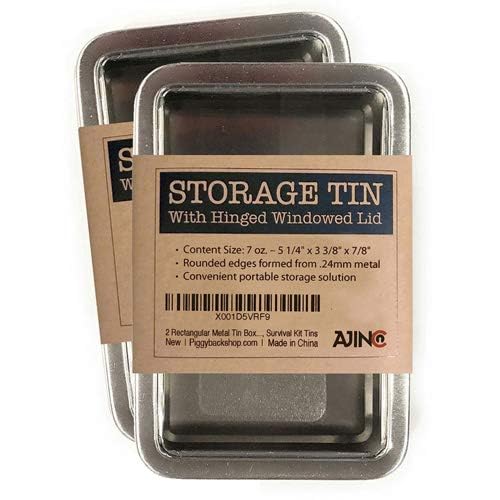 Image of Rectangular Metal Storage Tin Box with Windowed Hinged Lid - Plain Silver Blank Storage Case, Survival Kit Tins 5.5 inch x 3.5 inch (2X)