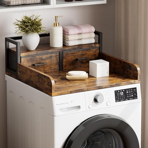 Garvee Plan De Travail 2-Tiers pour Lave-Linge Et Sèche-Linge avec Étagère Et 2 Tiroirs, Dessus De Machine à Laver avec Garde-Corps Élevés Et Bords...