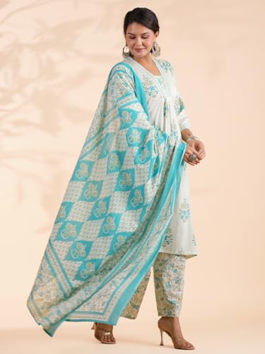 Image of Vbuyz Women Floral Print With Mirror Work Cotton Kurta Palazzo With Dupatta