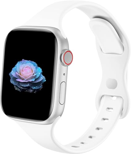 Sycamond Thin Silicone Band Compatible with Apple Watch 41mm 40mm 38mm, Slim Narrow Replacement Sport Strap Wristband for iWatch Series SE 10 9 8 7 6 5 4 3 Ultra 2 1 Women Men, S/M White