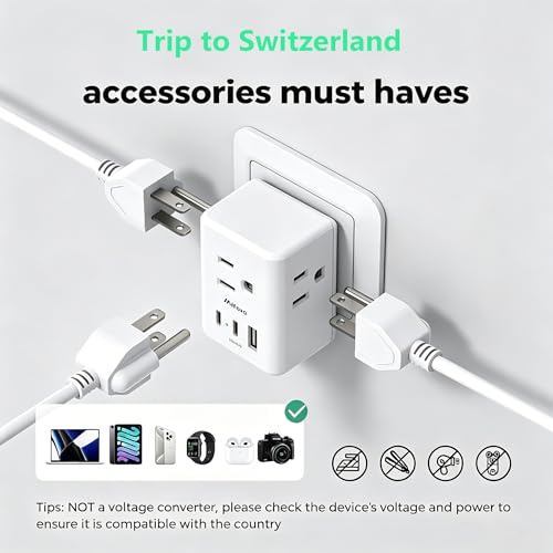 Image of 2 Pack Switzerland Travel Plug Adapter, Type J Power Adapter Works in Switzerland, Liechtenstein, Rwanda, 3 Outlets 3 USB Ports, Travel Essentials