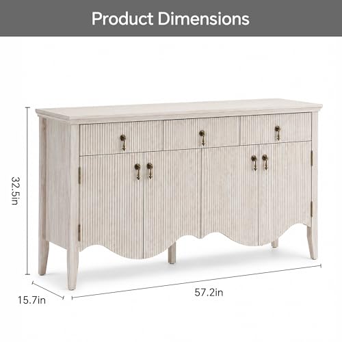 Image of FUSUNBAO 57 inch Fluted Sideboard Buffet with Storage, 4 Doors & 3 Drawers, Oak | 3 Drawers and 4 Doors, Vintage Fluted with Scalloped Base, Organic Modern Accent Cabinet, For Dining Room