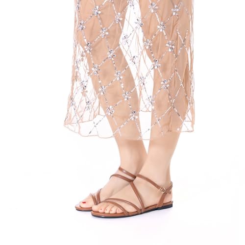 Image of Mtzyoa Women Flat Sandals Dressy Strappy Gladiator Summer Ankle Strap Nude Open Toe Comfortable Wedding Casual Leather Ladies Party Trendy Vacation