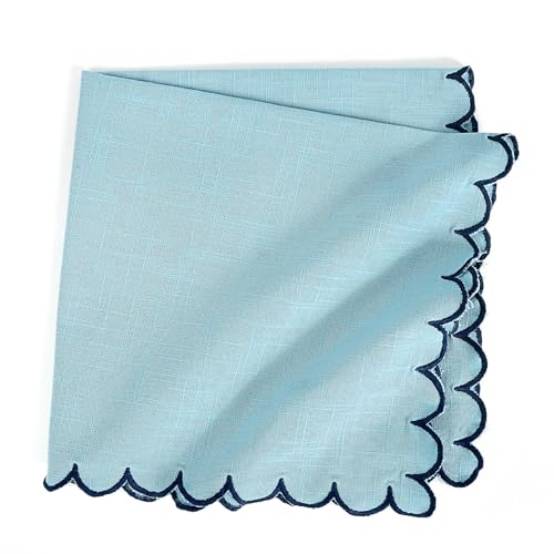 Image of FINGERCRAFT Scallop Edge Cloth Napkins | Set of 6 | 20x20 Inches | 100% Cotton | Table Napkins for Any Occasion | Washable, Perfect for Parties and Everyday Use (Aqua Slub, Set of 6)