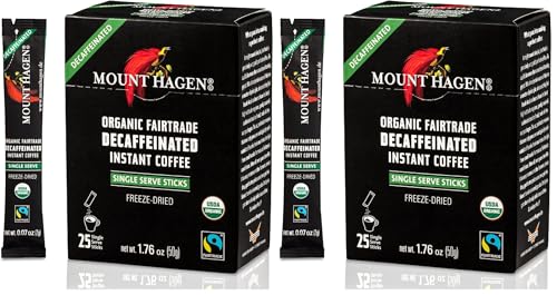 Image of Mount Hagen 25 Count Single Serve Instant Decaf Coffee Packets | Decaffeinated Organic Medium Roast Arabica Beans | Eco-friendly, Fair-Trade [25 sticks /1.76oz /50g] (Pack of 2)