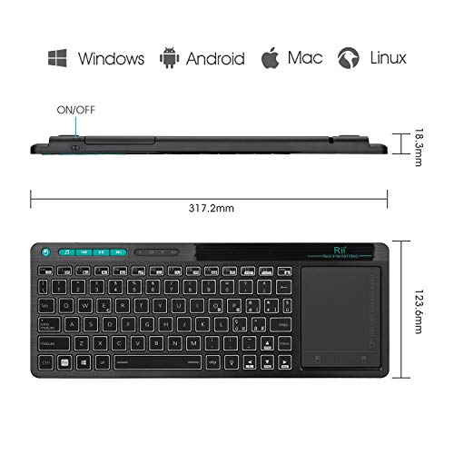 Rii Mini i18+ Wireless (disposición italiana) Teclado retroiluminado con ratón touchpad multitáctil para Smart TV, Mini PC, HTPC, consola, ordenador