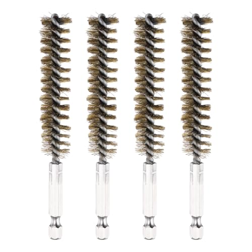 Image of PATIKIL 15mm Dia Bore Brush, 4Pcs Brass Twisted Wire Cleaning Brush Pipe Cleaner with 1/4 Inch Hex Shank for Tubes, Ports, Bearings, Drill Driver, Brass Tone