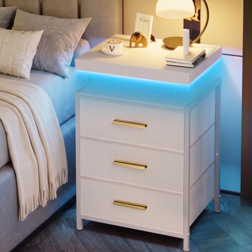 DreamDashio Nightstand with LED Lights, 3 Fabric Storage Drawers, Bedside Table with Floating Wood Top & PU Leather Fronts, Compact Modern End Table for Bedroom, Living Room or Dorm, White