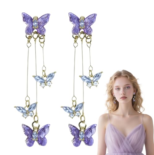 Purple Butterfly Earrings for Women with Lavender Dress, Sparkle Crystal Halloween Dangle Earrings for Fairy Dress, Butterfly Costume & Singer Costume Outfits