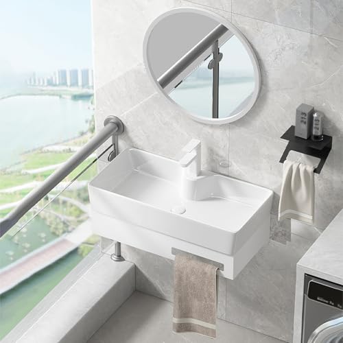 YUGXTH Lavabo sobre Encimera, Mueble de Baño de Esquina, Mueble Flotante Montado en La Pared, Lavabo de Cerámica con Espejo y Toallero, para Guardarropa de Inodoro(55cm/21.6in)