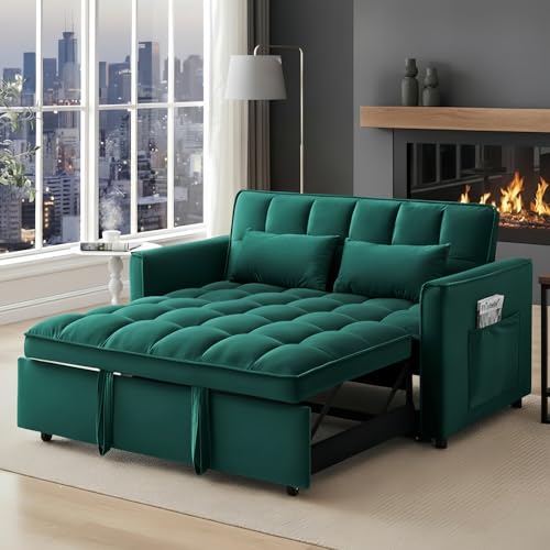 Image of 3 in 1 Folding Convertible Sofa Bed, 55'' Pull Out Couch Bed with Side Pocket, Velvet Fabric Loveseat Sleeper Sofa with Adjustable Backrest, Easy Assembly,Perfect for Living Room, Green