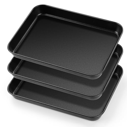 HaWare Mini Oven Tray Set of 2 Nonstick Carbon Steel Cookie Baking Sheet Pan for Cooking/Baking/Serving - 23.7 x 17.7 x 2.5 cm Heavy-Duty & Non Toxic Rust Resistant & Easy Clean - Black