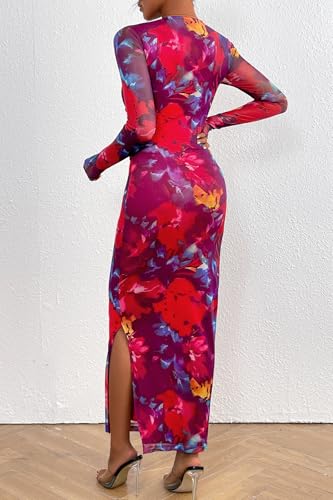 Image of CFLONGE Long Sleeve Dress for Women Floral Print Ruched Wedding Guest Maxi Dresses Tight Fitted Cocktail Party Bodycon Dress