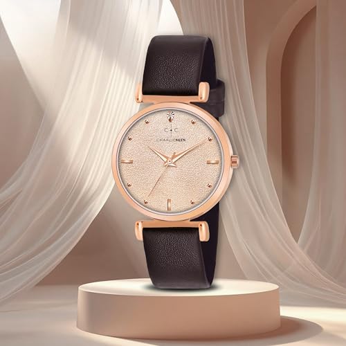 Image of CHARLIEKEEN Women's Analog Watch with Rose Gold Case, Silicone Band, Textured Dial, Crystal Markers