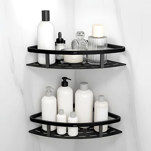 Image of Plantex Corner Shelf for Bathroom Wall /304 Grade Stainless Steel Bathroom Corner Shelf Rack /Bathroom Racks and Shelves /Multipurpose Bathroom Accessories Set- Pack of 2 (Black,9x9 Inches)