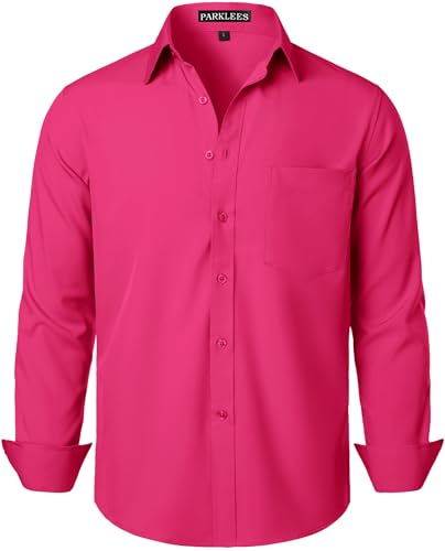 PARKLEES Chemise habillée à manches longues pour homme - Coupe classique - Sans plis - Style décontracté - Avec poche, rose vif, XXL