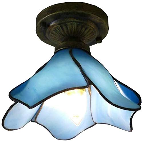 8 Inch Tiffany Style Ceiling Lamp Mini Modern Simplicity Stained Glass Lotus Design Shade Flush E27 Ceiling Light for Bedroom,Blue
