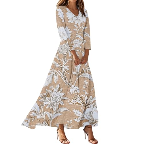 Generisch Herbstkleid Damen Lang Maxikleid 3/4 Ärmel Boho Kleid V-Ausschnitt Tunika Kleid mit Tasche Blumenkleid Elegant Kleider Herbst Schickes...