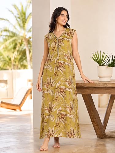 Image of 9shines Label Alpine Sleeveless Nighty | All Over Print Maxi for Women | Night wear for Women | Full Length Night Gown for Women | Night Dress for Women Stylish (Alpine Sleeveless 24)