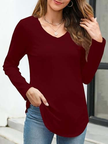 Image of Elesomo Womens T Shirts V Neck Summer Short /Long Sleeve Cotton Tops Tees
