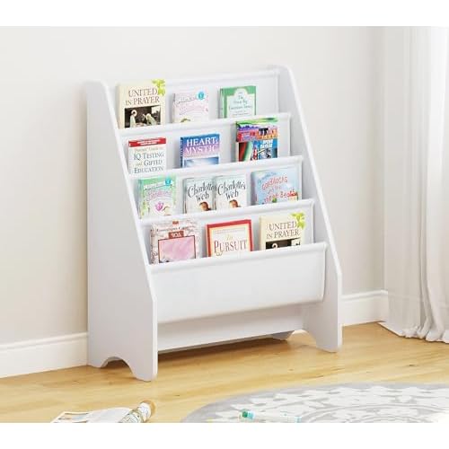 UTEX Kids Bookshelf Storage, Book Shelf for Kids Rooms, 4 Tier Sling Toddler Bookshelf, Magazine Book Rack, Children Book Organizer, White