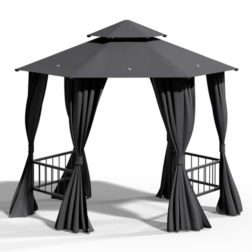 Warmiehomy 3.6M x 3.6M Hexagonal Gazebo with 4 Detachable Railings, Metal Pergola with Double Tier Roof and Privacy Curtains, Large Garden Gazebo for Backyard, Party, Wedding, 360x360x265 cm, Dark Grey