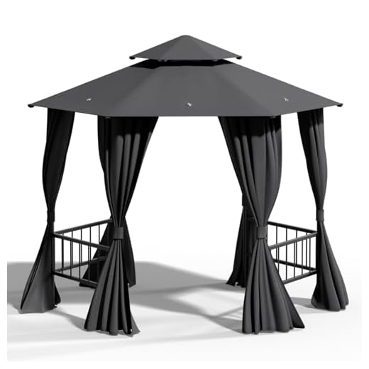 Warmiehomy 3.6M x 3.6M Hexagon Gazebo with 4 Detachable Railings, Metal Pergola with Double Tier Roof and Privacy Curtains, Large Garden Gazebos for Backyard, Party, Wedding, 360x360x265 cm, Dark Grey