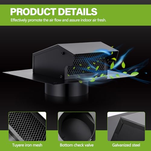 Rossesay XUU-ROSSESAY-1515 Roof Vent Cap With Damper Removable Screen And Bottom Extension Kitchen Range Hood Roof Vent Cap Steel Roof Bathroom Exhaust Vent thumb #2